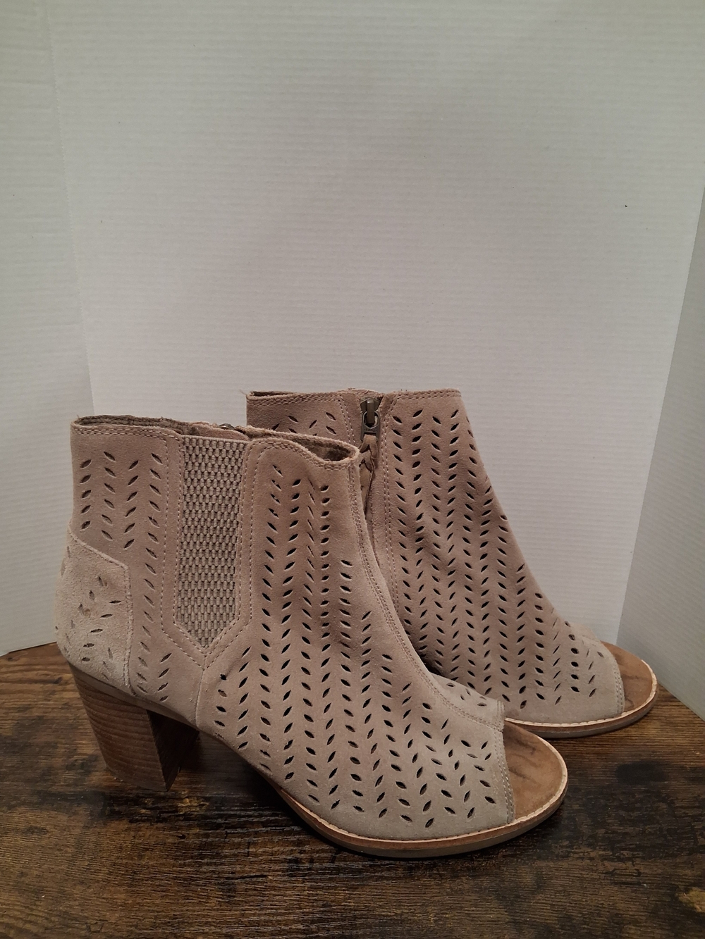 Toms Taupe Perforated Suede Peep-Toe Ankle Booties